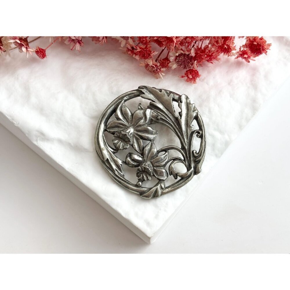 1987 Canadian Made Floral Pewter Art Nouveau Inspired Vintage Brooch Pin - Picture 3 of 14